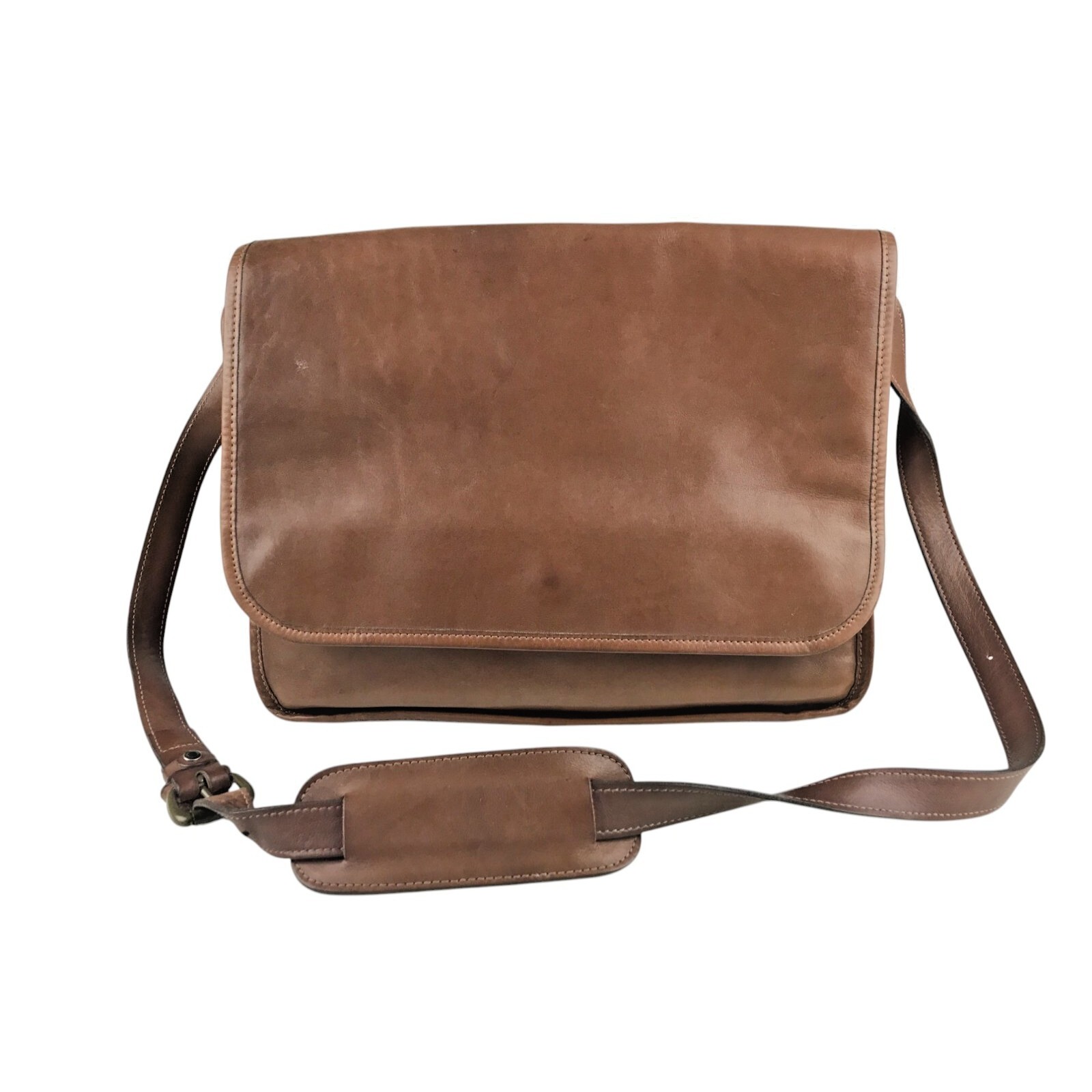 Lands End Direct Merchant Messenger Bag Genuine Leather Zip Pocket Strap Brown